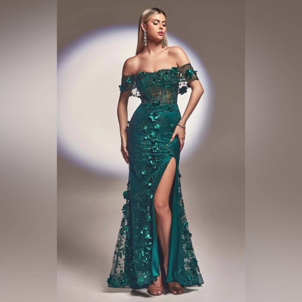 Cinderella Emerald Green Off-Shoulder Embellished Evening Gown